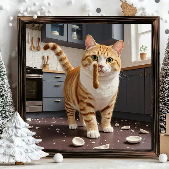 8x8 Inch Framed Wood Wall Art Panel Square Print Funny Cat Stealing Sausage Kitchen Decor Hanging Decor 1 Piece