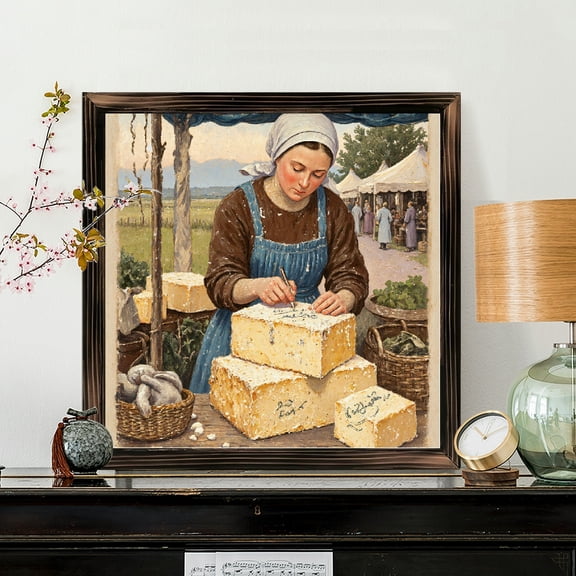 8x8 Inch Framed Wood Wall Art, Pastoral Market Scene with Woman Carving Cheese Square Painting on Wood Panel 1pc for Rustic Home Kitchen Decor