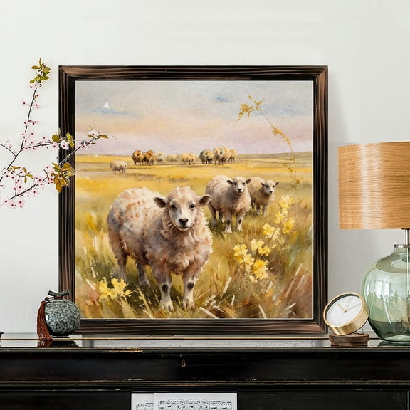 8x8 Inch Framed Wood Wall Art, Pastoral Sheep Meadow Landscape Square Painting, Rustic Farmhouse Decor on Wooden Panel for Living Room Bedroom 1pc