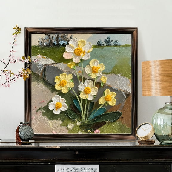 8x8 Inch Framed Wood Wall Art, Primrose Flower Impressionist Painting Square Decorative Panel, Hand Painted Style Floral Print for Home Office Wall Decor 1pc