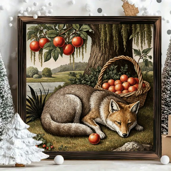 8x8 Inch Framed Wood Wall Art, Red Fox Resting in Pastoral Orchard Landscape Square Painting on Wood Panel 1pc for Home Living Room Wall Decor