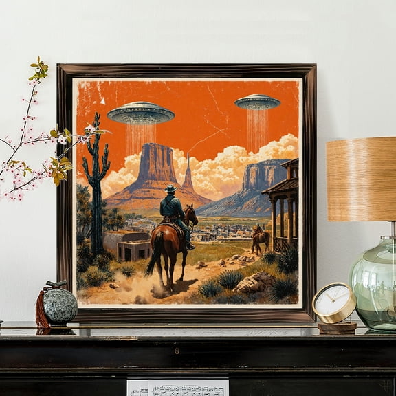 8x8 Inch Framed Wood Wall Art, Retro Futuristic Cowboy and UFO Desert Landscape Print, Square Decorative Wood Panel for Living Room Bedroom Office Decor 1pc