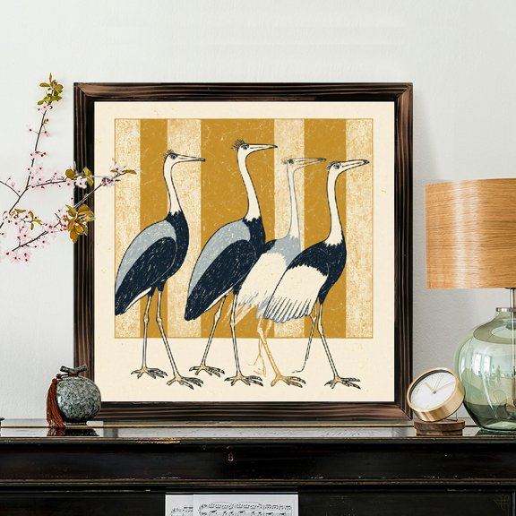8x8 Inch Framed Wood Wall Art, Retro Heron Bird Illustration Square Painting on Wood Panel 1pc for Home Living Room Bedroom Decor