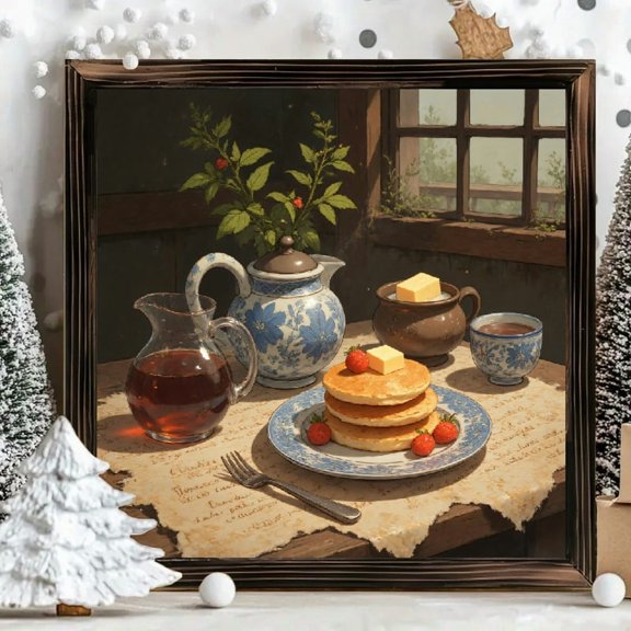 8x8 Inch Framed Wood Wall Art, Rustic Breakfast Pancake Scene Square Print, Decorative Wooden Panel for Kitchen and Dining Room Wall Decor, 1pc