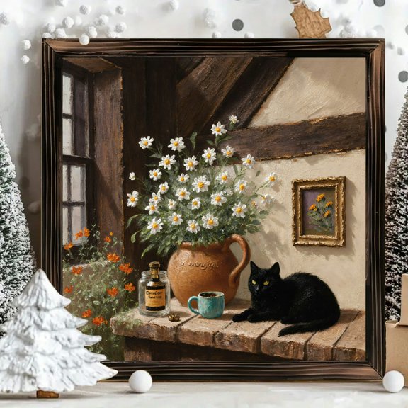 8x8 Inch Framed Wood Wall Art, Rustic Cottage Interior with Black Cat and Daisy Bouquet Square Painting, Decorative Wood Panel for Home Farmhouse Decor 1pc