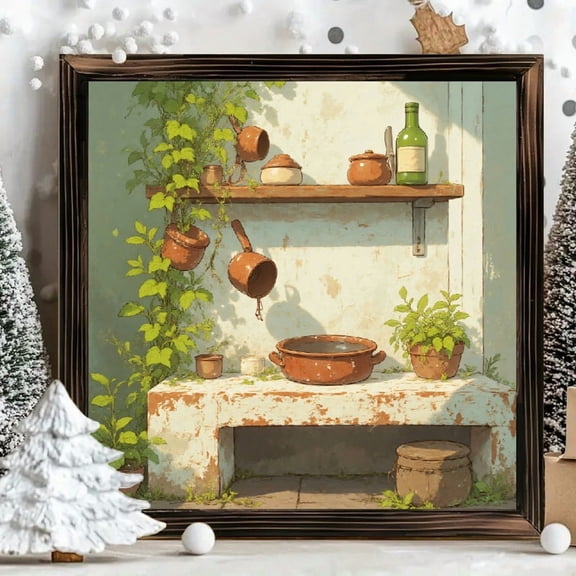 8x8 Inch Framed Wood Wall Art, Rustic Countryside Kitchen Scene with Terracotta Pot and Herbs Square Wooden Decor for Home Wall Decoration 1pc