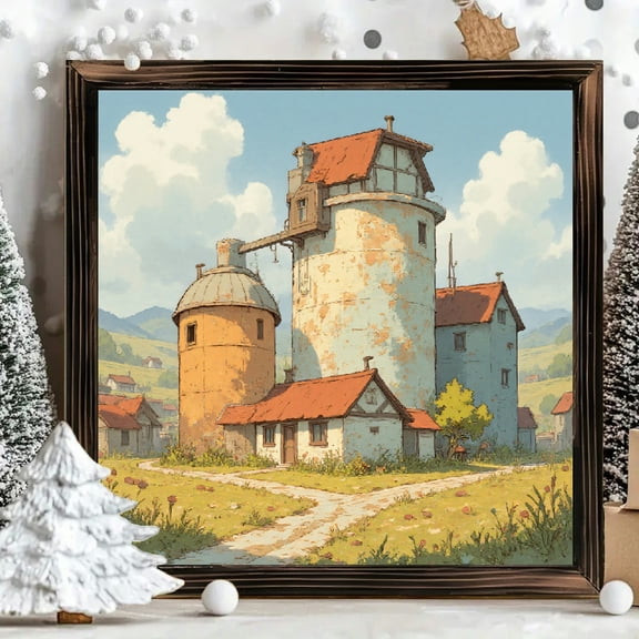 8x8 Inch Framed Wood Wall Art, Rustic Countryside Village Scenery Square Painting, Animated Style Rural Landscape Print on Wood Panel for Home Living Room Decor 1pc