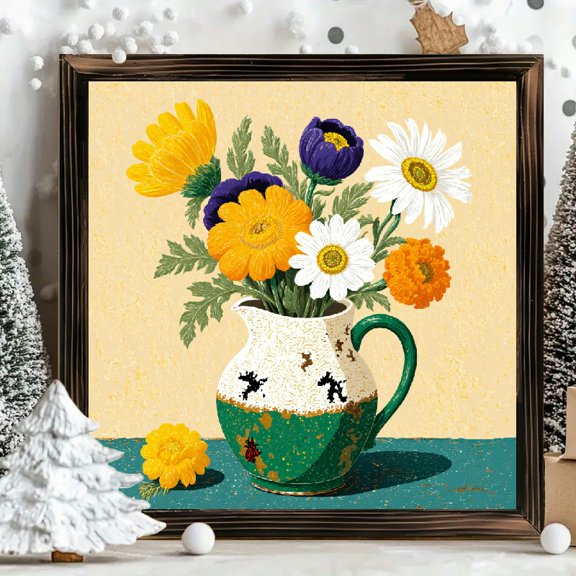 8x8 Inch Framed Wood Wall Art, Rustic Floral Pitcher Painting Square Decorative Plaque with Marigolds and Poppies on Beige Background, Wood Panel 1pc for Farmhouse Home Decor
