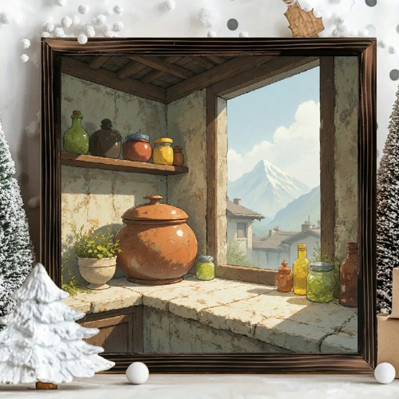 8x8 Inch Framed Wood Wall Art, Rustic Kitchen Window with Snowy Mountain View Square Painting, Decorative Wood Panel for Home Kitchen Wall Decor, 1pc