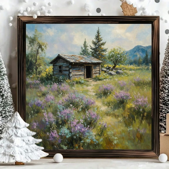 8x8 Inch Framed Wood Wall Art, Rustic Log Cabin in Wildflower Meadow Landscape Painting, Square Decorative Wood Panel for Home Living Room Bedroom Decor 1pc