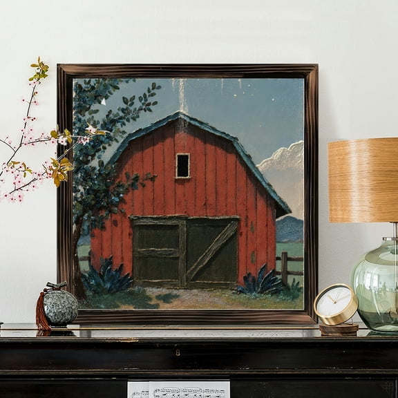 8x8 Inch Framed Wood Wall Art, Rustic Red Barn Landscape Painting Square Wood Panel Decor for Farmhouse Living Room Bedroom 1pc