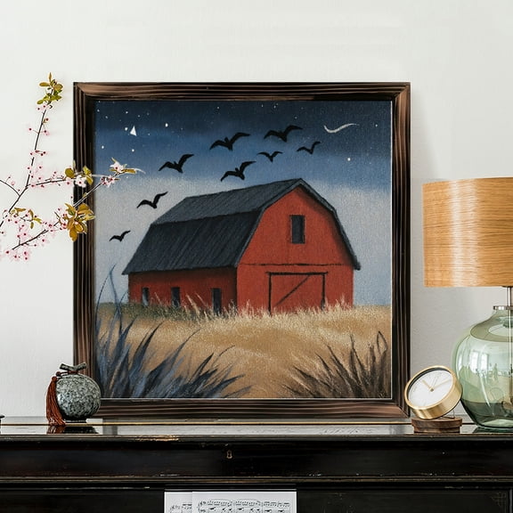 8x8 Inch Framed Wood Wall Art, Rustic Red Barn Night Scene Square Painting with Crescent Moon and Starry Sky, Decorative Wooden Panel for Home Bedroom Living Room Decor, 1pc