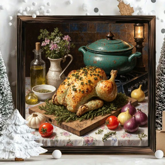 8x8 Inch Framed Wood Wall Art, Rustic Roasted Chicken Still Life Print on Square Wooden Panel, Kitchen Decor Farmhouse Style, 1 Piece Set