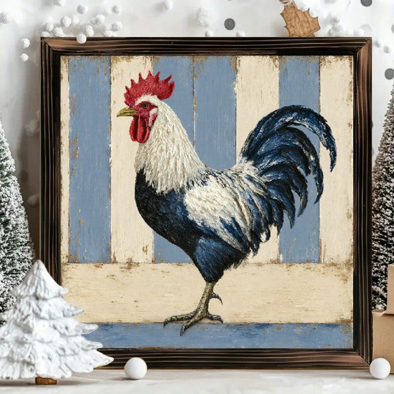 8x8 Inch Framed Wood Wall Art, Rustic Rooster Painting on Square Wooden Panel, Vintage Farmhouse Decor for Kitchen Living Room, 1pc Wall Hanging Decoration