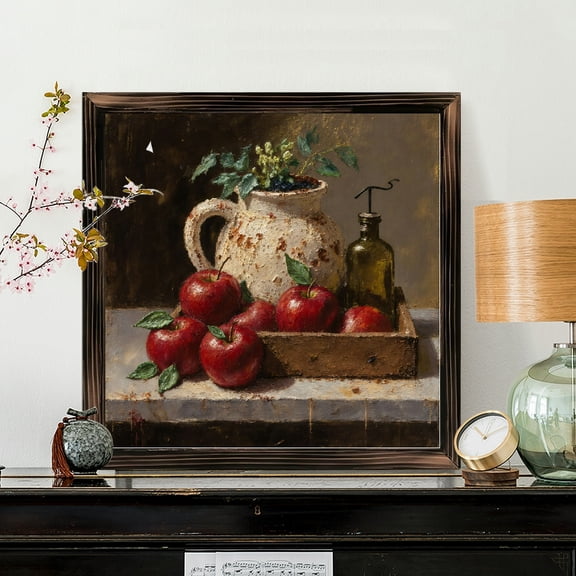 8x8 Inch Framed Wood Wall Art, Rustic Still Life Apple and Ceramic Pitcher Square Painting, Wooden Board Art for Kitchen and Dining Room Wall Decor 1pc