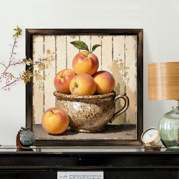 8x8 Inch Framed Wood Wall Art, Rustic Still Life Apple Painting in Ceramic Cup, Square Decorative Panel for Kitchen Dining Room Wall Decor 1pc
