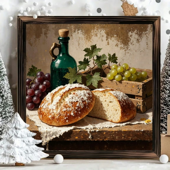 8x8 Inch Framed Wood Wall Art, Rustic Still Life Bread and Grapes Kitchen Painting on Wood Panel, Square Decorative Artwork for Home Dining Room Decor 1pc