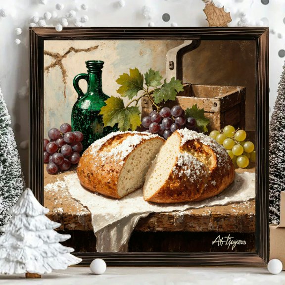8x8 Inch Framed Wood Wall Art, Rustic Still Life Bread and Grapes Square Decorative Painting, Sturdy Wood Panel with Frame, 1pc for Kitchen Dining Room Decor