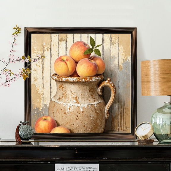 8x8 Inch Framed Wood Wall Art, Rustic Still Life Ceramic Pitcher with Fresh Apples Square Painting, Weathered Wood Texture Decor for Kitchen Dining Room 1pc