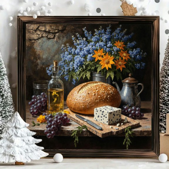 8x8 Inch Framed Wood Wall Art, Rustic Still Life Painting with Bread Grapes and Flowers, Square Decorative Wood Panel for Kitchen Dining Room Decor 1pc