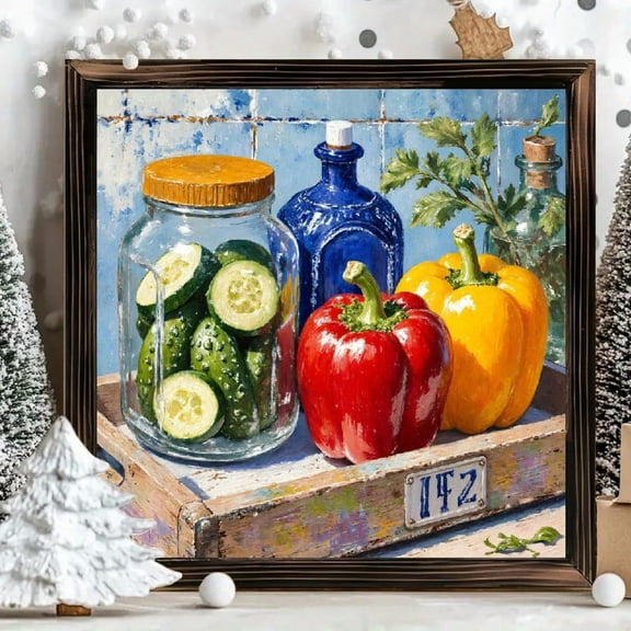 8x8 Inch Framed Wood Wall Art, Rustic Still Life Vegetable Kitchen Painting on Square Wood Panel, Decorative Wall Decor for Dining Room and Kitchen 1pc