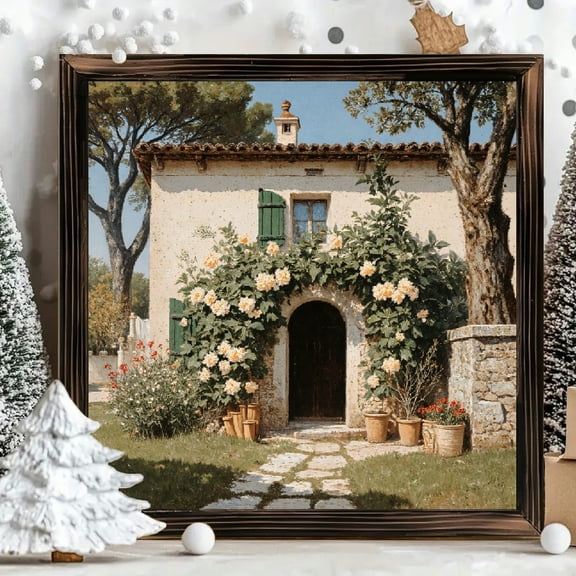 8x8 Inch Framed Wood Wall Art, Rustic Tuscan Cottage Landscape Square Decorative Painting, Stucco House with Floral Archway Print on Wood Board, 1pc for Home Decor