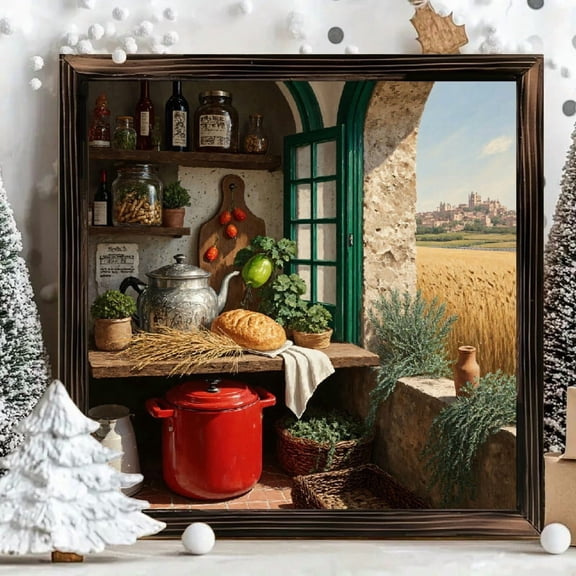 8x8 Inch Framed Wood Wall Art, Rustic Tuscan Kitchen Window Scene with Golden Wheat Fields Square Wooden Panel Painting 1pc for Farmhouse Kitchen Home Decor