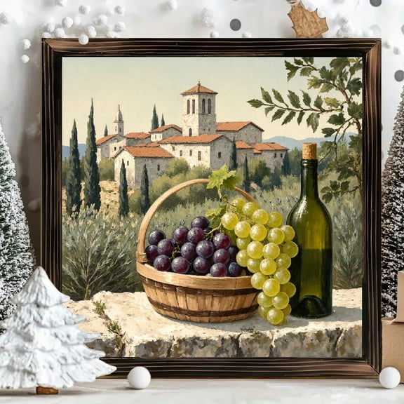 8x8 Inch Framed Wood Wall Art, Rustic Vineyard Still Life Square Painting with Grapes and Wine Bottle, Decorative Wood Panel Wall Decor for Kitchen Dining Room 1pc