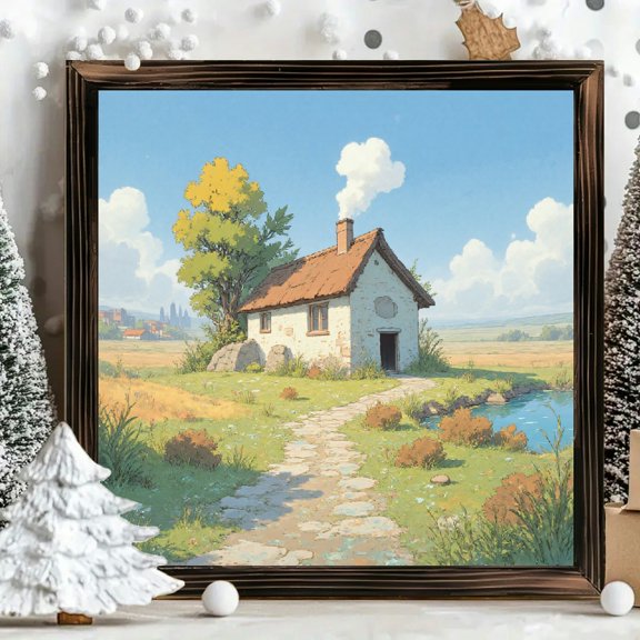 8x8 Inch Framed Wood Wall Art, Serene Animated Cottage Landscape Square Painting, Natural Wooden Frame Decor for Living Room Bedroom Office 1pc