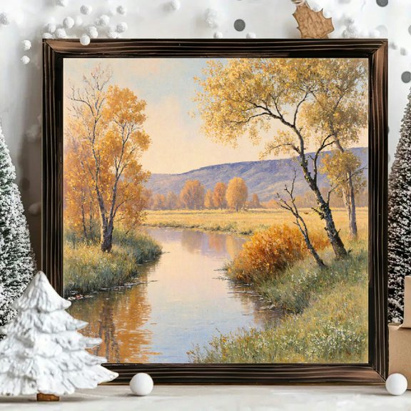 8x8 Inch Framed Wood Wall Art, Serene Autumn River Landscape Painting Square Decorative Panel for Home Living Room Bedroom Wall Decor 1pc