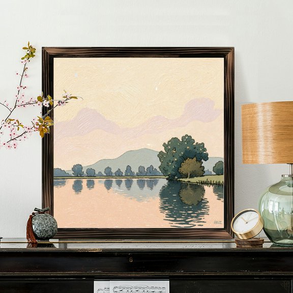 8x8 Inch Framed Wood Wall Art, Serene Lake Landscape with Soft Pastel Sky Square Painting, Textured Brushstroke Print on Wood Panel for Home Office Bedroom Decor 1pc