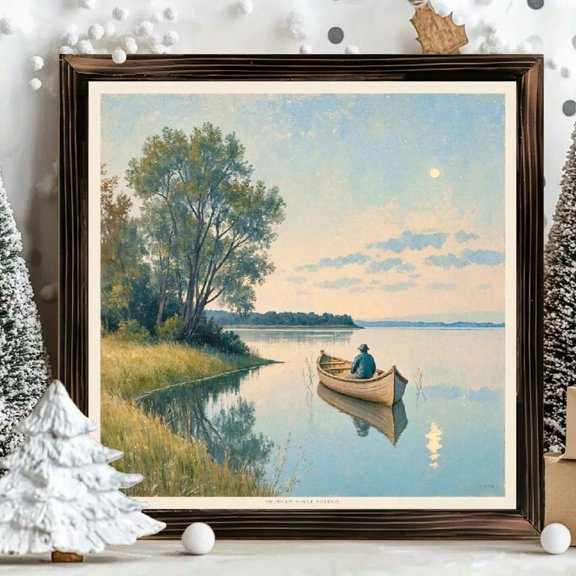 8x8 Inch Framed Wood Wall Art, Serene Lakeside Landscape Illustration Square Painting with Gentle Moonlit Scenery, Rustic Wooden Decorative Panel for Home Office Bedroom Decor 1pc