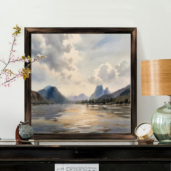 8x8 Inch Framed Wood Wall Art, Serene Mountain River Landscape Square Painting, Watercolor Nature Scene on Wood Panel for Home and Office Wall Decor 1pc