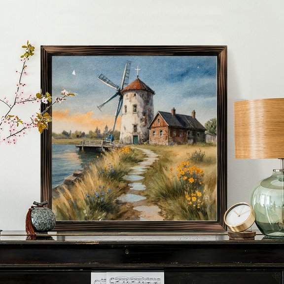 8x8 Inch Framed Wood Wall Art, Serene Rural Windmill Landscape Square Painting, Rustic Countryside Sunset Scene on Wood Panel, Decorative Artwork for Living Room or Bedroom, 1pc