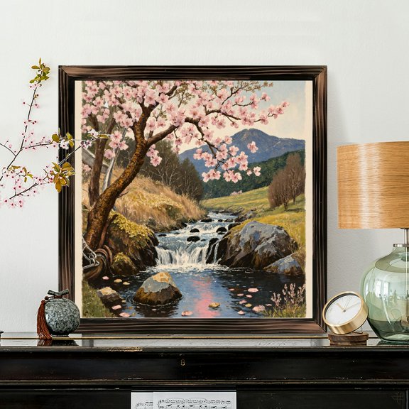 8x8 Inch Framed Wood Wall Art, Serene Spring Landscape Painting with Blossoming Tree and Stream, Square Decorative Wood Panel 1pc for Home Office Wall Decor