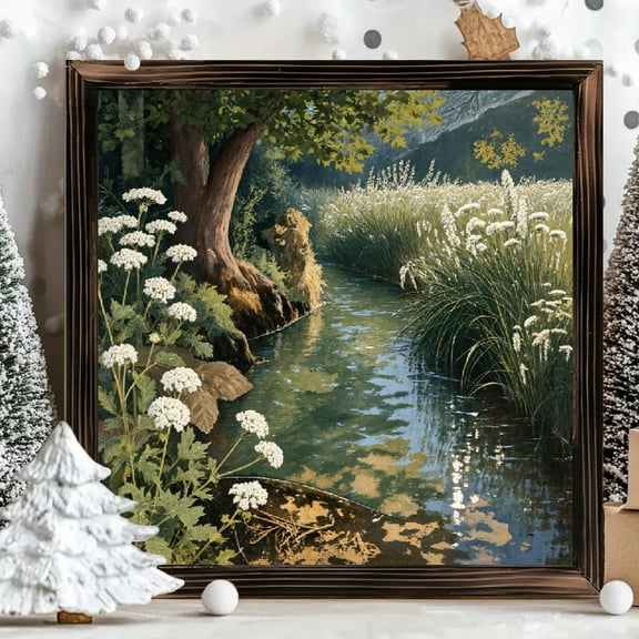 8x8 Inch Framed Wood Wall Art, Serene Stream and Wildflower Landscape Square Painting, Natural Rural Scenery Decorative Wood Panel for Home Office Wall Decor 1pc