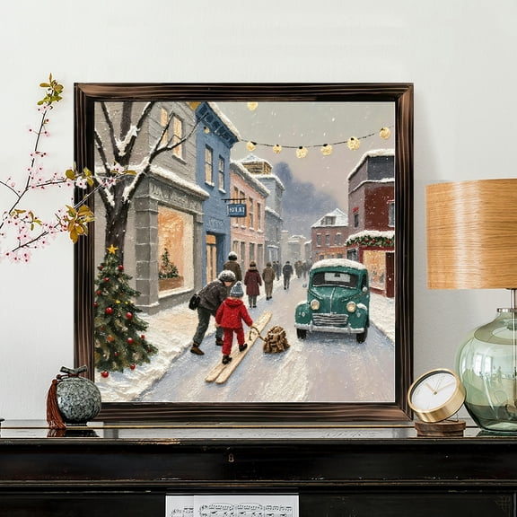 8x8 Inch Framed Wood Wall Art, Snowy Winter Town Street Square Painting, Decorative Winter Scene on Wood Panel for Holiday Home Wall Decor 1pc