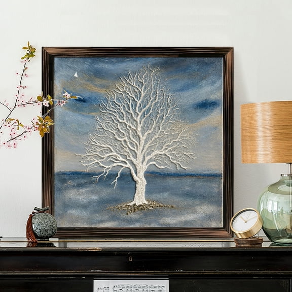 8x8 Inch Framed Wood Wall Art, Solitary Leafless Tree Square Painting on Panel, Textured Impasto Landscape Artwork for Modern Home Office Decor 1pc