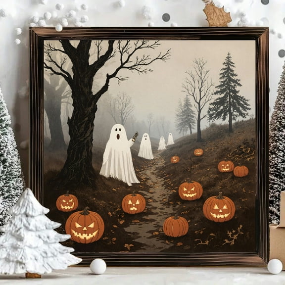 8x8 Inch Framed Wood Wall Art, Spooky Foggy Forest with Ghosts and Jack-o-Lanterns Design, Square Wooden Decorative Panel for Halloween Home Decor 1pc