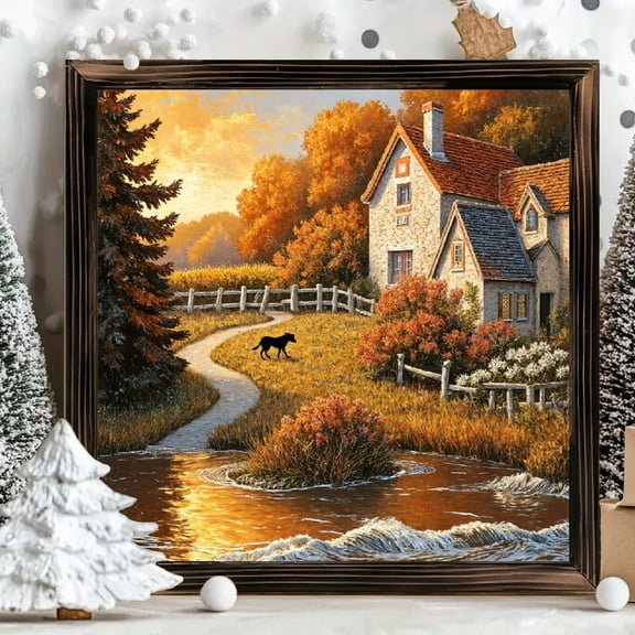 8x8 Inch Framed Wood Wall Art, Square Autumn Countryside Cottage Landscape Painting with Dog and Sunset Scenery, Rustic Wood Panel Decor for Home Living Room 1pc