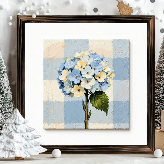 8x8 Inch Framed Wood Wall Art, Square Canvas Painting with Hydrangea Floral Print, Decorative Impressionist Flower Artwork for Living Room or Bedroom Decor, 1pc