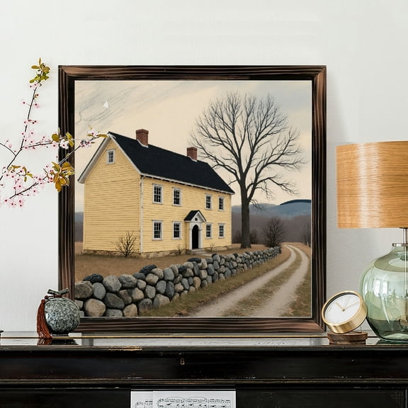 8x8 Inch Framed Wood Wall Art, Square Colonial House Countryside Landscape Painting, Decorative Wooden Panel for Rustic Home Office Living Room Wall Decor 1pc