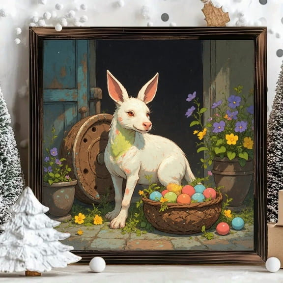 8x8 Inch Framed Wood Wall Art, Square Easter Rabbit with Colorful Eggs Painting, Rustic Floral Garden Art on Wood Panel, Decorative Picture for Spring Home Decor 1pc