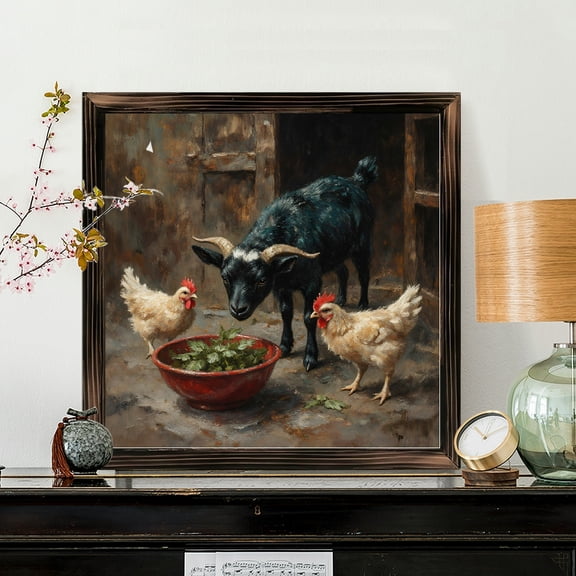 8x8 Inch Framed Wood Wall Art, Square Farmhouse Decor Featuring a Black Goat and Chickens Eating in a Rustic Barn, Wood Panel Painting, 1pc for Kitchen Living Room Wall Decor