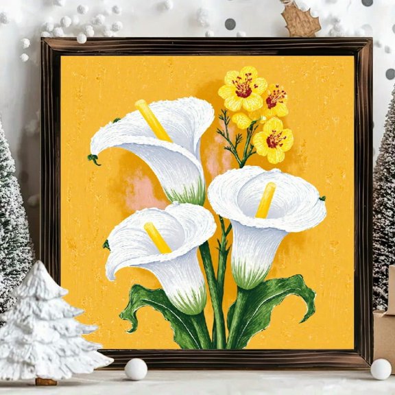8x8 Inch Framed Wood Wall Art, Square Floral Illustration with White Calla Lilies and Yellow Blooms on Mustard Background, Wooden Panel Decorative Painting for Home Office Wall Decor 1pc