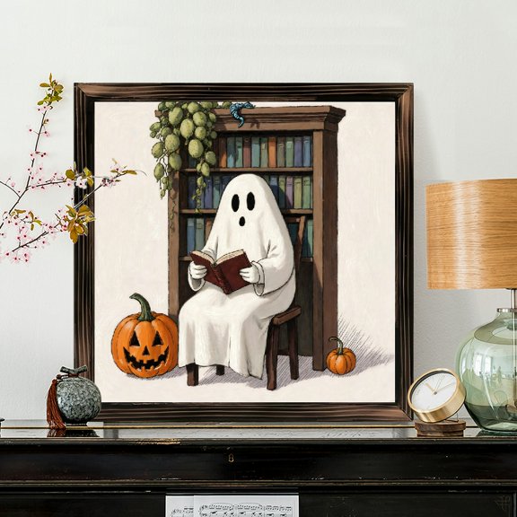 8x8 Inch Framed Wood Wall Art, Square Ghost Reading Book with Pumpkins Painting 1pc for Halloween Home Decor and Seasonal Room Decoration