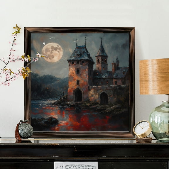 8x8 Inch Framed Wood Wall Art, Square Gothic Castle Painting with Moonlight Reflective Water Design, Rustic Wood Panel Decorative Hanging Decor for Living Room or Bedroom, 1pc