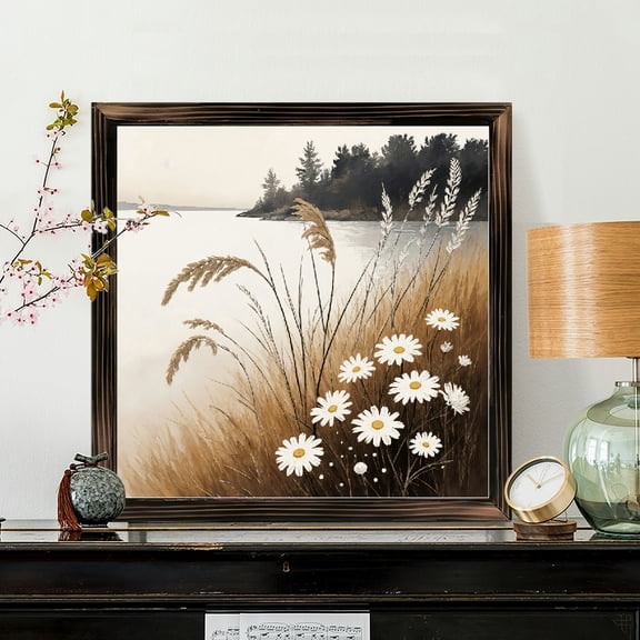 8x8 Inch Framed Wood Wall Art, Square Lakeside Meadow Landscape Painting with Reeds and Daisies, Impressionistic Floral Wall Decor for Home Office 1pc