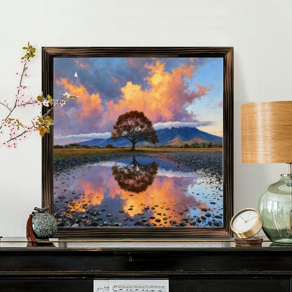 8x8 Inch Framed Wood Wall Art, Square Landscape Painting Featuring Lone Tree and Mountain Sunset Reflection on Wood Panel 1pc for Home Living Room Decor