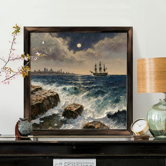 8x8 Inch Framed Wood Wall Art, Square Maritime Painting Featuring Moonlight Coastal Scene with Sailing Ship and City Skyline, Decorative Wooden Panel for Living Room Bedroom Office Decor 1pc